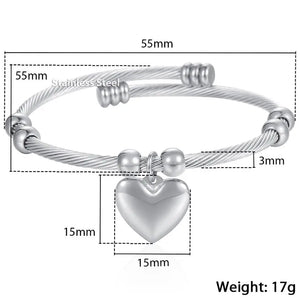 Stainless Steel Womens Rope Bead Bracelet Heart Pendant