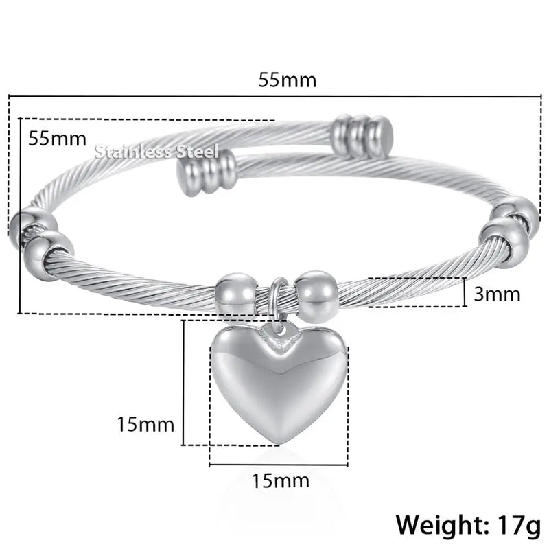 Stainless Steel Womens Rope Bead Bracelet Heart Pendant