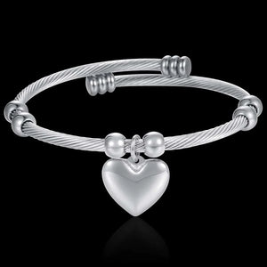 Stainless Steel Womens Rope Bead Bracelet Heart Pendant