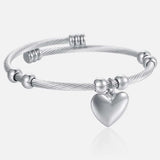 Stainless Steel Womens Rope Bead Bracelet Heart Pendant