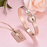 Heart Bangle Key Pendant Necklace Set Titanium Steel