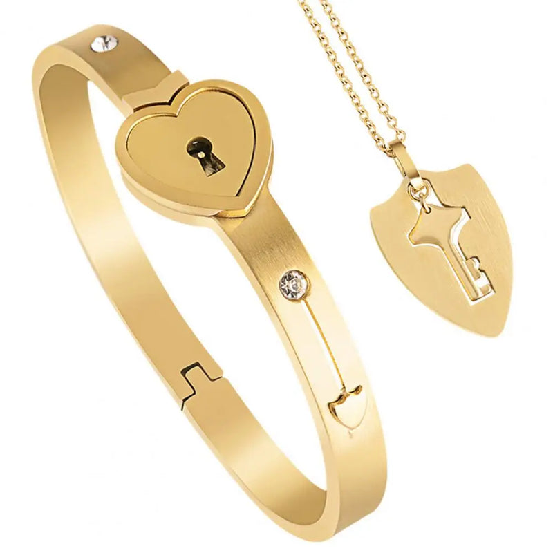 Heart Bangle Key Pendant Necklace Set Titanium Steel
