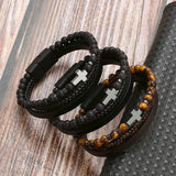 Tiger Eye Cross Bracelet Natural Stone Stainless Steel Jewelry