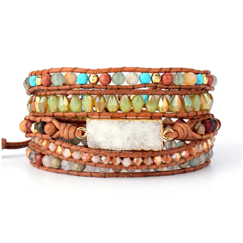Natural Stones Crystal Drusy Leather Wrap Bracelet Women