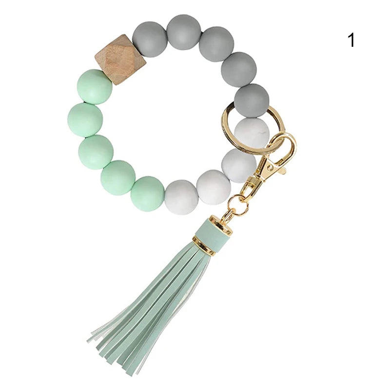 Wooden Beads Wristlet Keychain With Tassels