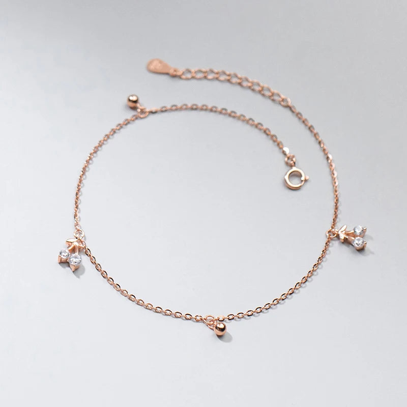 Cherry Anklets Silver 925 for Women Beach Accessories Jewelry Gift 20.5CM