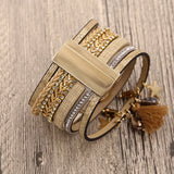 Women's PU Leather Bracelet with Enamel Chain and Natural Stone Tassel Drop