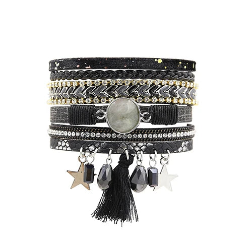 Women's PU Leather Bracelet with Enamel Chain and Natural Stone Tassel Drop