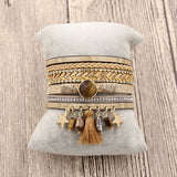 Women's PU Leather Bracelet with Enamel Chain and Natural Stone Tassel Drop