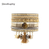 Women's PU Leather Bracelet with Enamel Chain and Natural Stone Tassel Drop