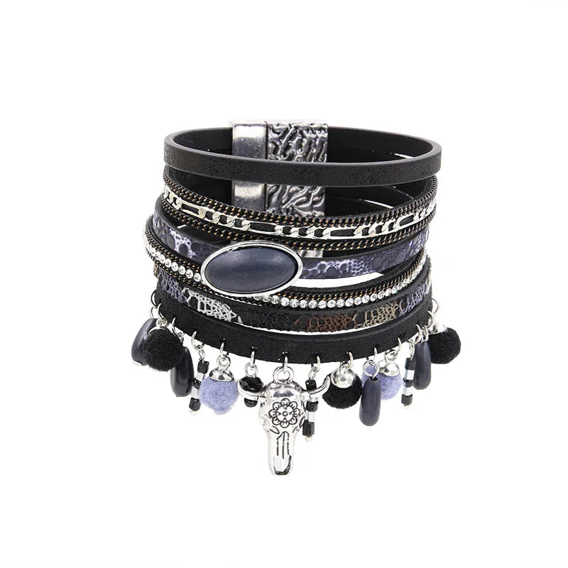Vintage PU Leather Bracelet with Charm Pendant