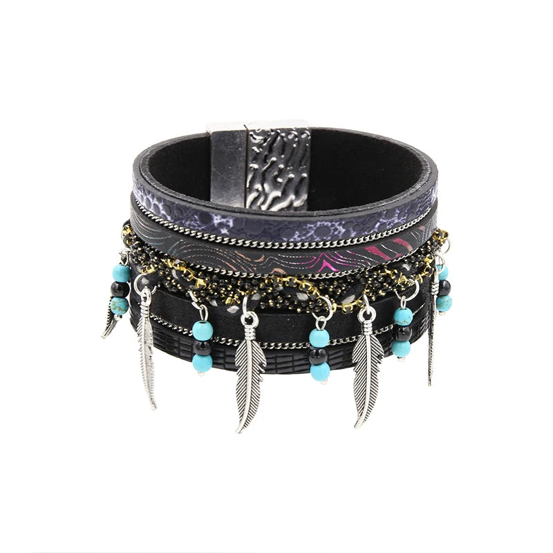 Vintage Bohemian Beaded Leather Bracelet with Leaf Charm