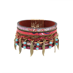 Vintage Bohemian Beaded Leather Bracelet with Leaf Charm