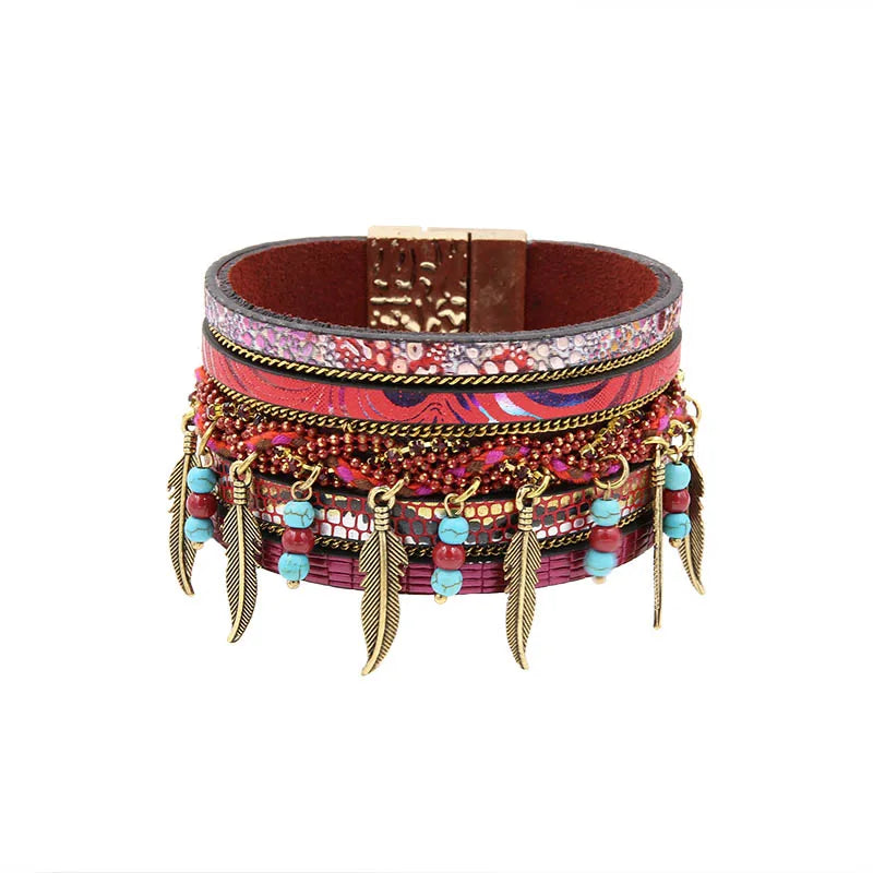 Vintage Bohemian Beaded Leather Bracelet with Leaf Charm