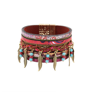 Vintage Bohemian Beaded Leather Bracelet with Leaf Charm
