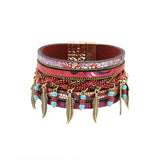Vintage Bohemian Beaded Leather Bracelet with Leaf Charm