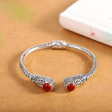 Retro Carved Agate Inlaid Silver Bracelet for Women