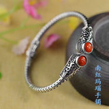 Retro Carved Agate Inlaid Silver Bracelet for Women