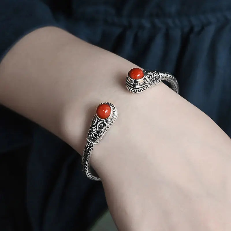 Retro Carved Agate Inlaid Silver Bracelet for Women