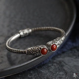 Retro Carved Agate Inlaid Silver Bracelet for Women