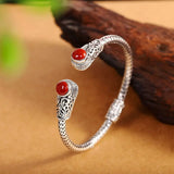 Retro Carved Agate Inlaid Silver Bracelet for Women