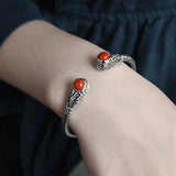 Retro Carved Agate Inlaid Silver Bracelet for Women