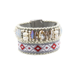 Crystal Glass Pearl Velvet Beaded Bracelet Grey/Pink