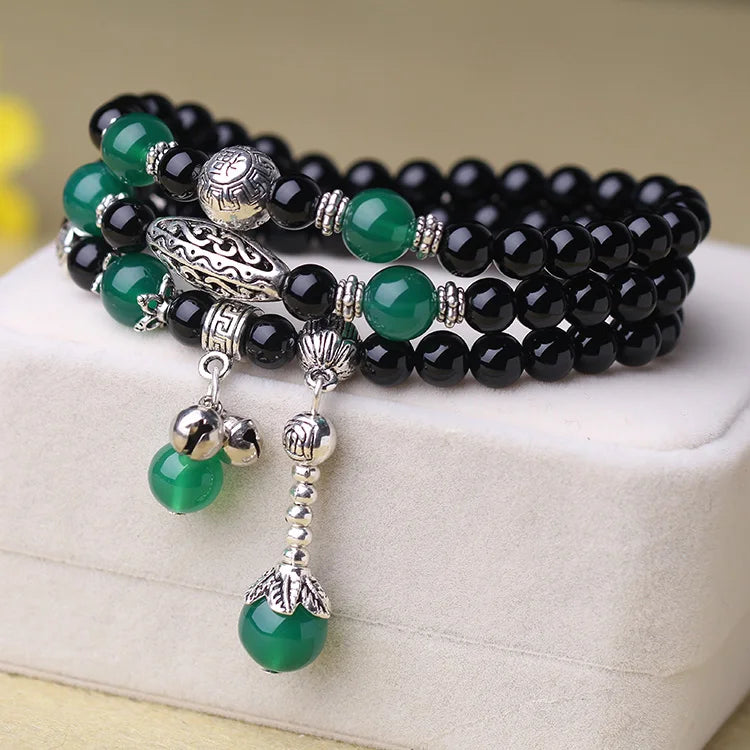 Sweet Crystal Agate Beaded Bracelet Green Cat Eye Bell