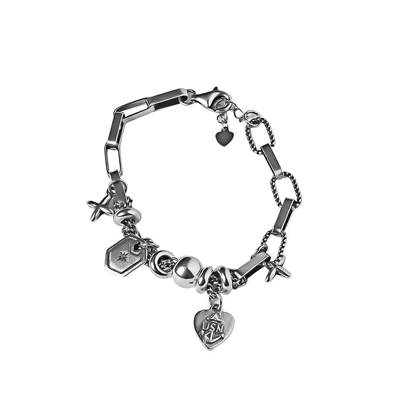 925 Sterling Silver Bracelet Heart Beads Cross Women
