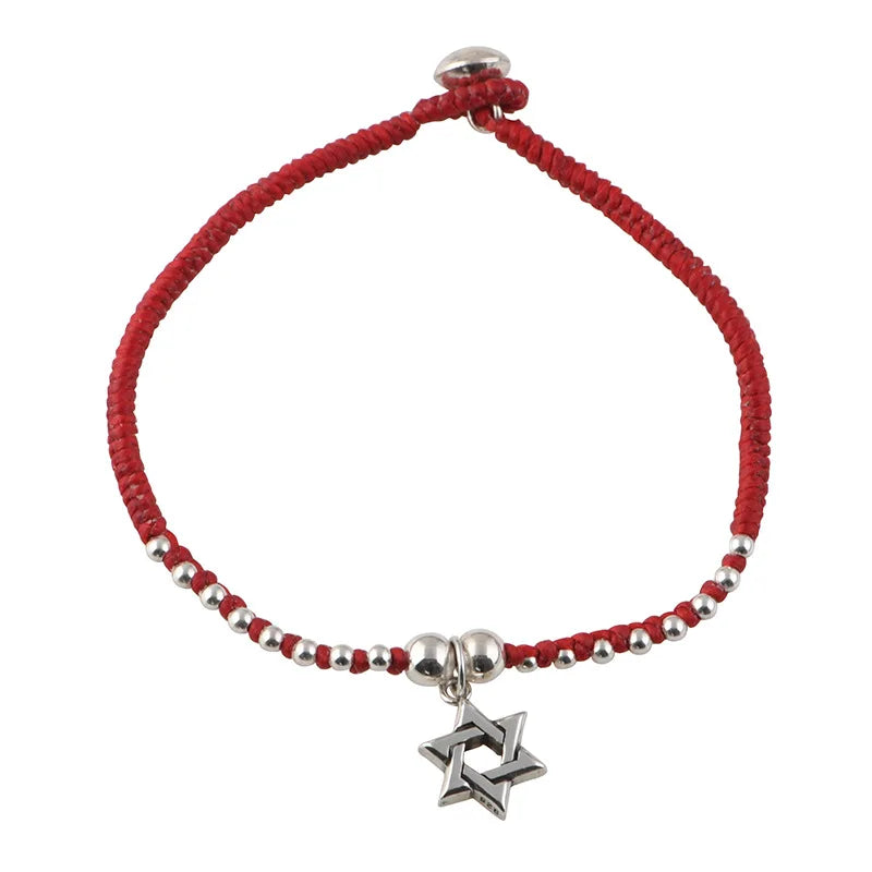 925 Silver Red Rope Anklet Hexagram Charm 3mm Beads