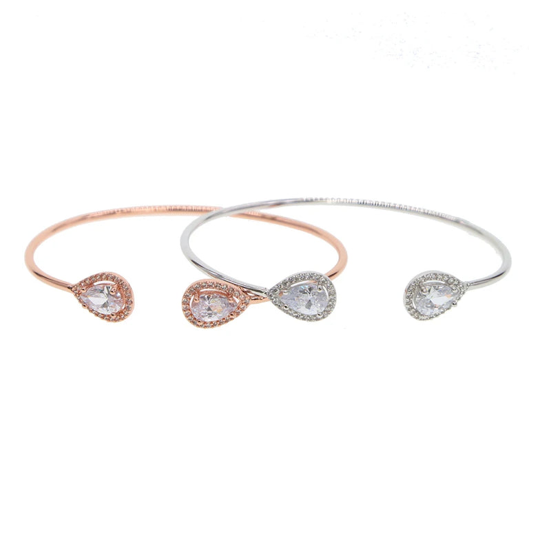 Rose CZ Tear Drop Open Bangle Cuff Bracelet for Women Gift