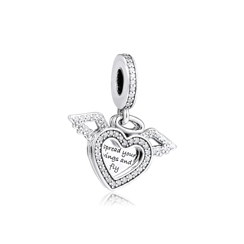 Heart and Angel Wings Dangle 925 Silver Bracelet Beads
