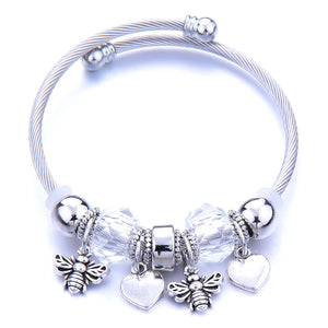 DIY Beaded Stainless Steel Bracelet with Heart Bee Wing Glass Bea