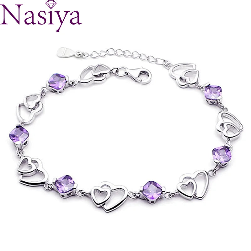 Women's Amethyst 925 Sterling Silver Charm Bracelet