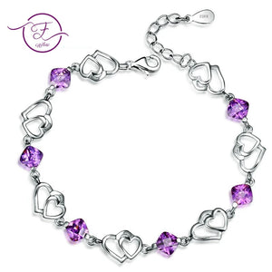 Purple Amethyst Double Love Heart Bracelet 925 Sterling Silver