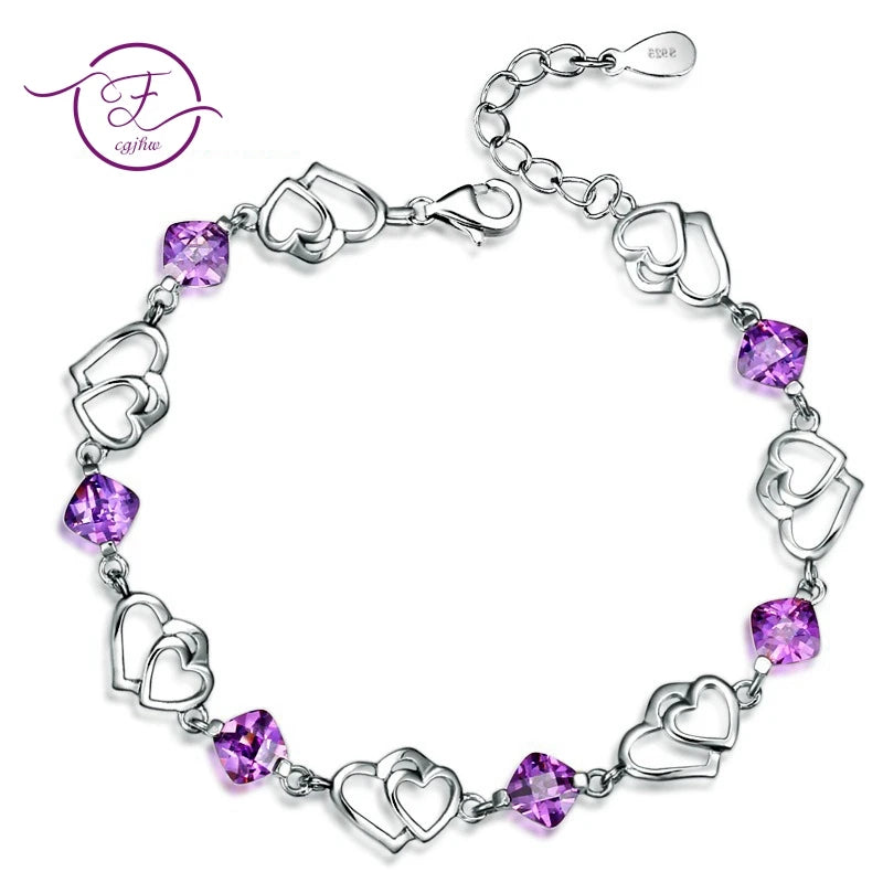 Purple Amethyst Double Love Heart Bracelet 925 Sterling Silver