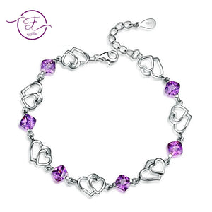 Purple Amethyst Double Love Heart Bracelet 925 Sterling Silver