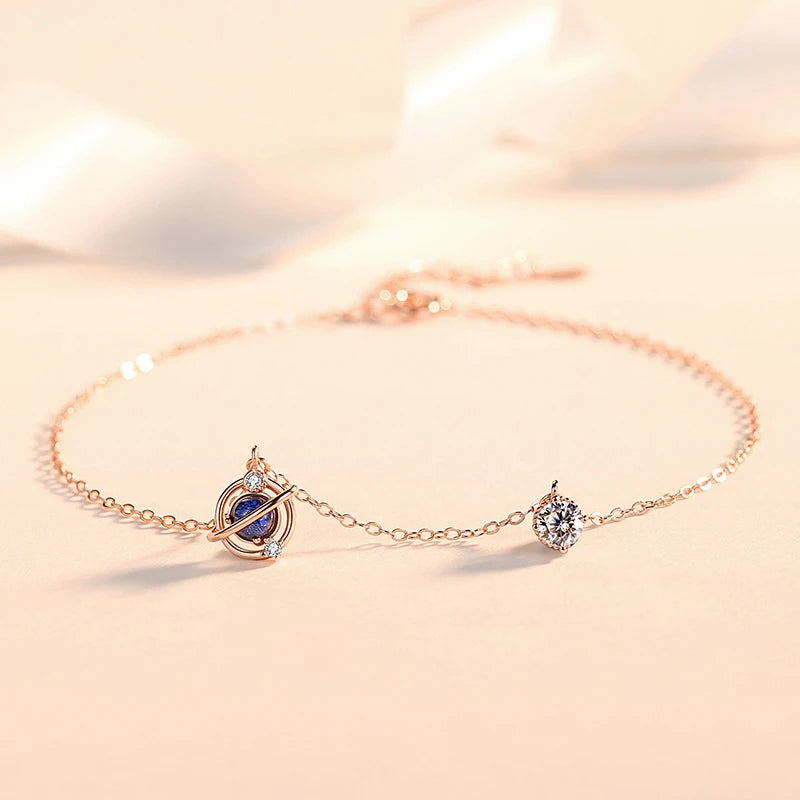 925 Sterling Silver Universe Planet Anklet Female Glazed Foot Anklet