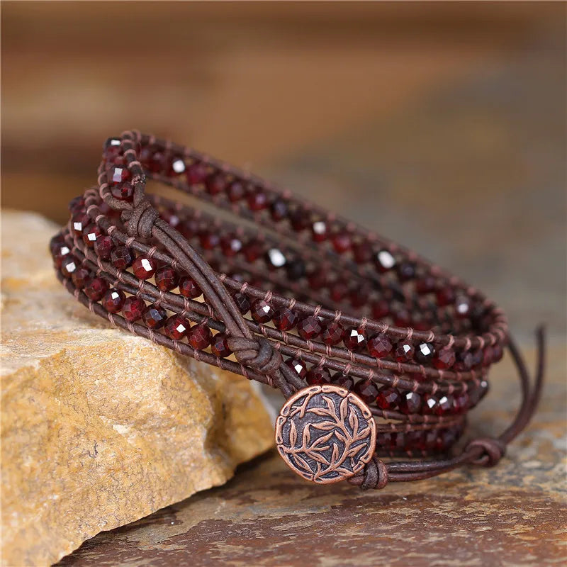 4MM Natural Stone 3 Strands Wrap Bracelets Multilayer Boho Leather Bracelet