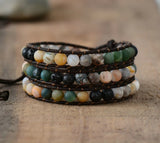 6MM Matte Stone 3 Strands Wrap Bracelets Multilayer Boho Leather Bracelet