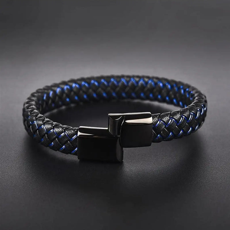 Personalized Braided Leather Bracelet Engraved Name Date Stainless Steel Bangle