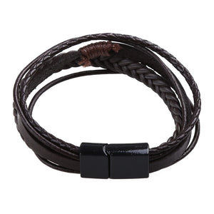 Braided Leather Bracelet with Clasp and Brown Ornaments