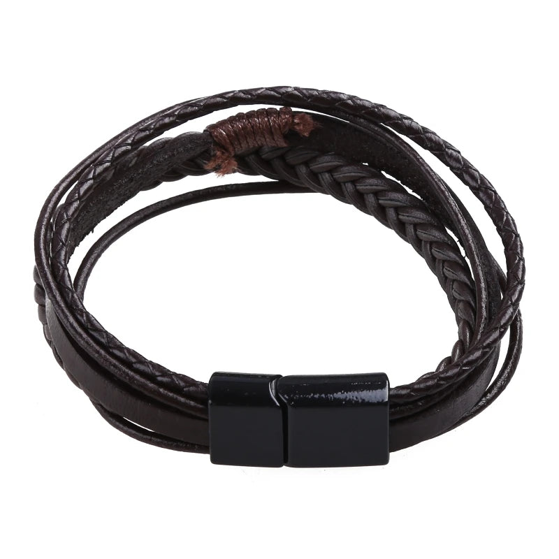Braided Leather Bracelet with Clasp and Brown Ornaments