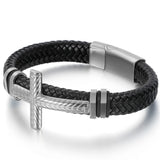 Braided Leather Christian Cross Bracelet Stainless Steel Mens Wrap Bracelets