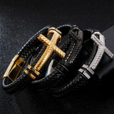 Braided Leather Christian Cross Bracelet Stainless Steel Mens Wrap Bracelets