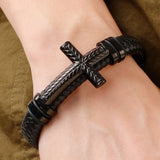 Braided Leather Christian Cross Bracelet Stainless Steel Mens Wrap Bracelets