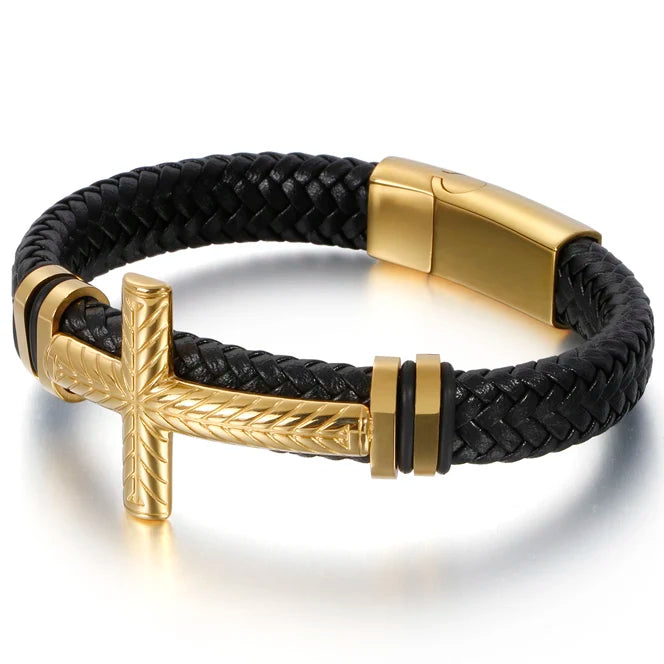 Braided Leather Christian Cross Bracelet Stainless Steel Mens Wrap Bracelets