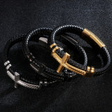 Braided Leather Christian Cross Bracelet Stainless Steel Mens Wrap Bracelets