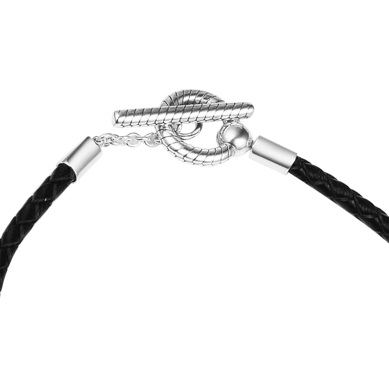 Braided Leather T-Bar Bracelet 925 Silver Women's Jewelry