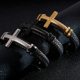 Men's Braided Leather Wrap Bracelet Cross Stainless Steel Religious Jewelry